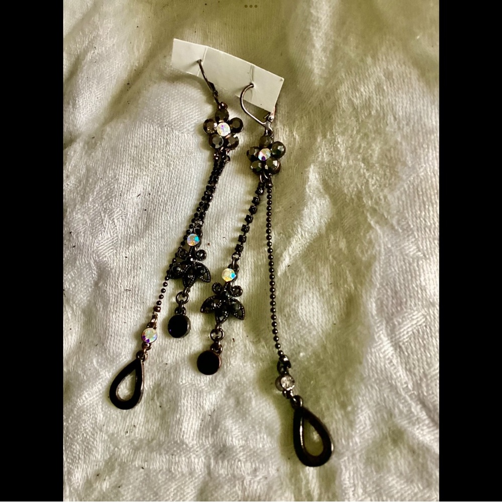 4” Long Black Butterfly Rhinestone Earrings Latch Backs Pierced